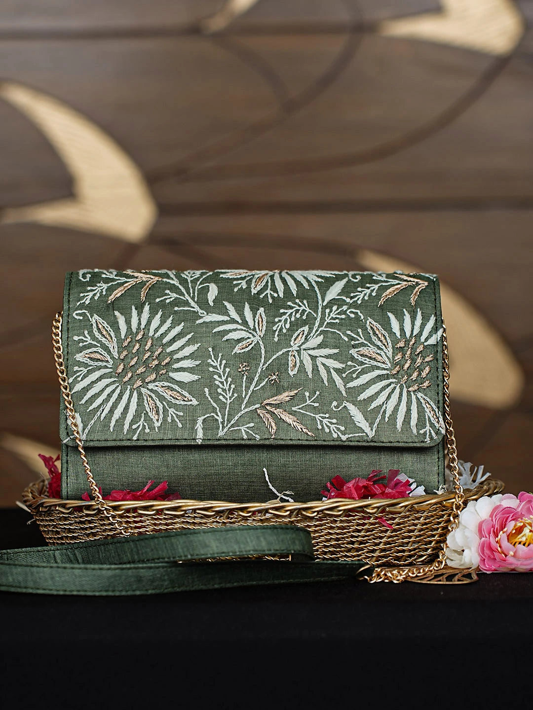 Ada Hand Embroidered Dark Olive Green Silk Lucknowi Chikankari Clutch With Zari Work 01A967660