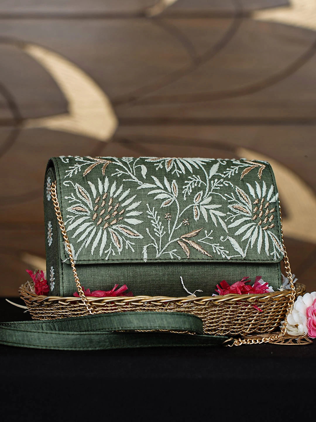 Ada Hand Embroidered Dark Olive Green Silk Lucknowi Chikankari Clutch With Zari Work 01A967660