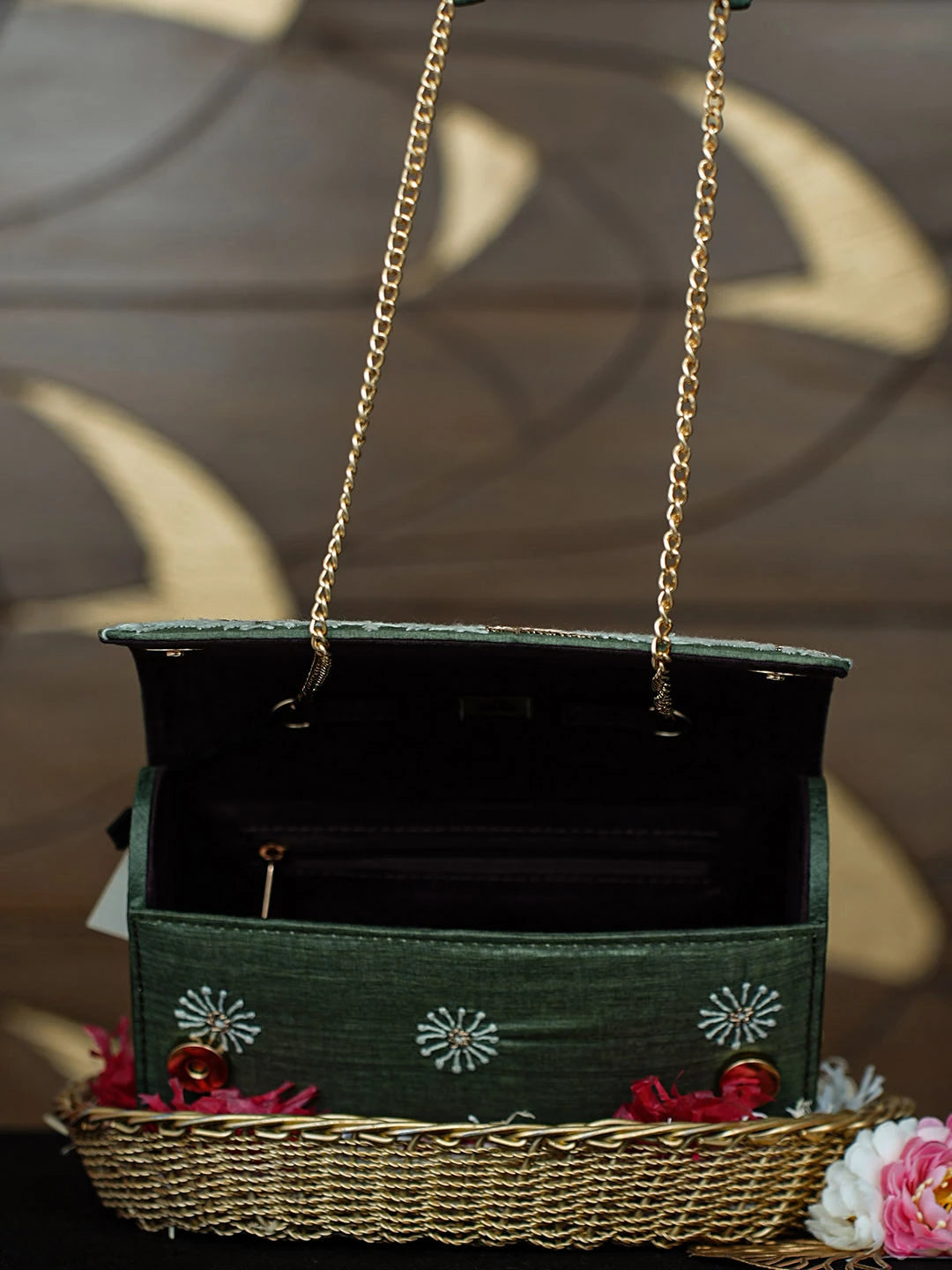 Ada Hand Embroidered Dark Olive Green Silk Lucknowi Chikankari Clutch With Zari Work 01A967660