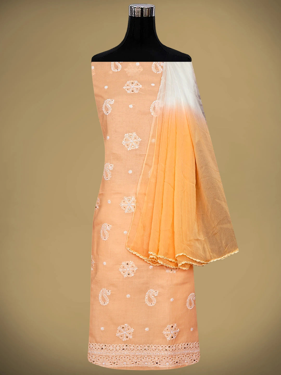 Ada Hand Embroidered Peach Cotton Lucknowi Chikankari Unstitched Suit Piece With Muqaish Work 01A350920