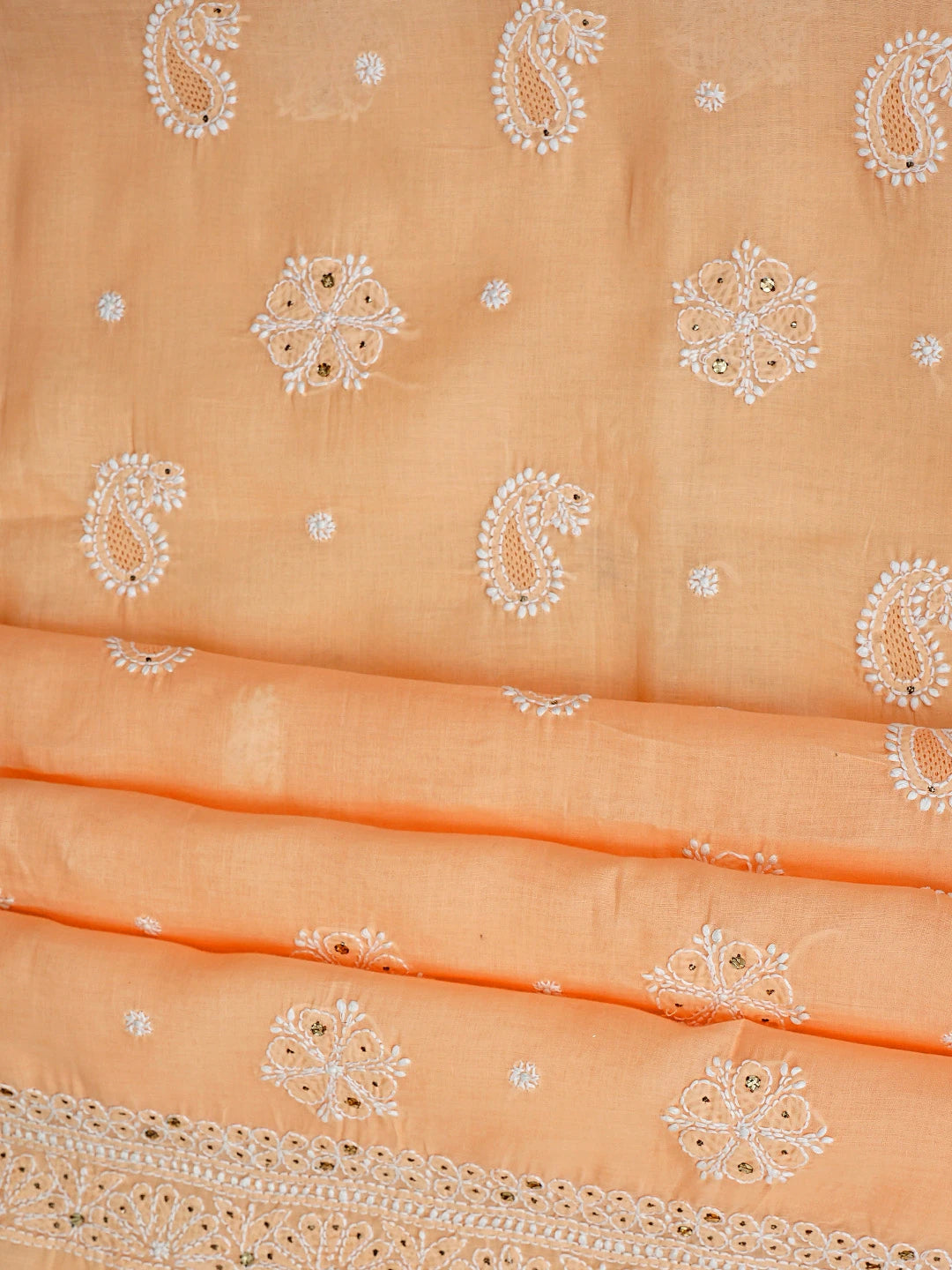 Ada Hand Embroidered Peach Cotton Lucknowi Chikankari Unstitched Suit Piece With Muqaish Work 01A350920