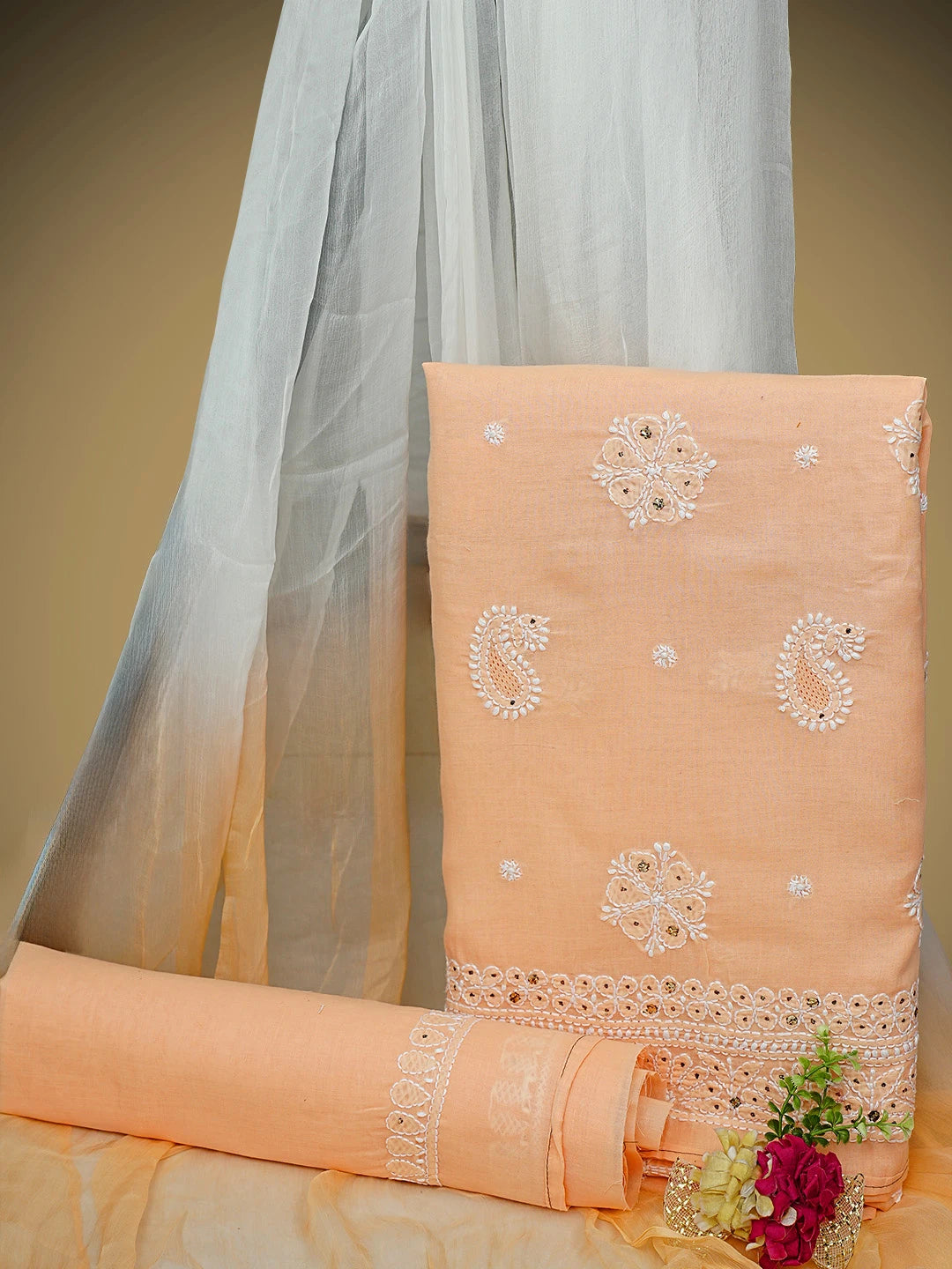 Ada Hand Embroidered Peach Cotton Lucknowi Chikankari Unstitched Suit Piece With Muqaish Work 01A350920
