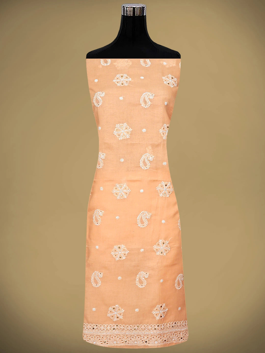 Ada Hand Embroidered Peach Cotton Lucknowi Chikankari Unstitched Suit Piece With Muqaish Work 01A350920