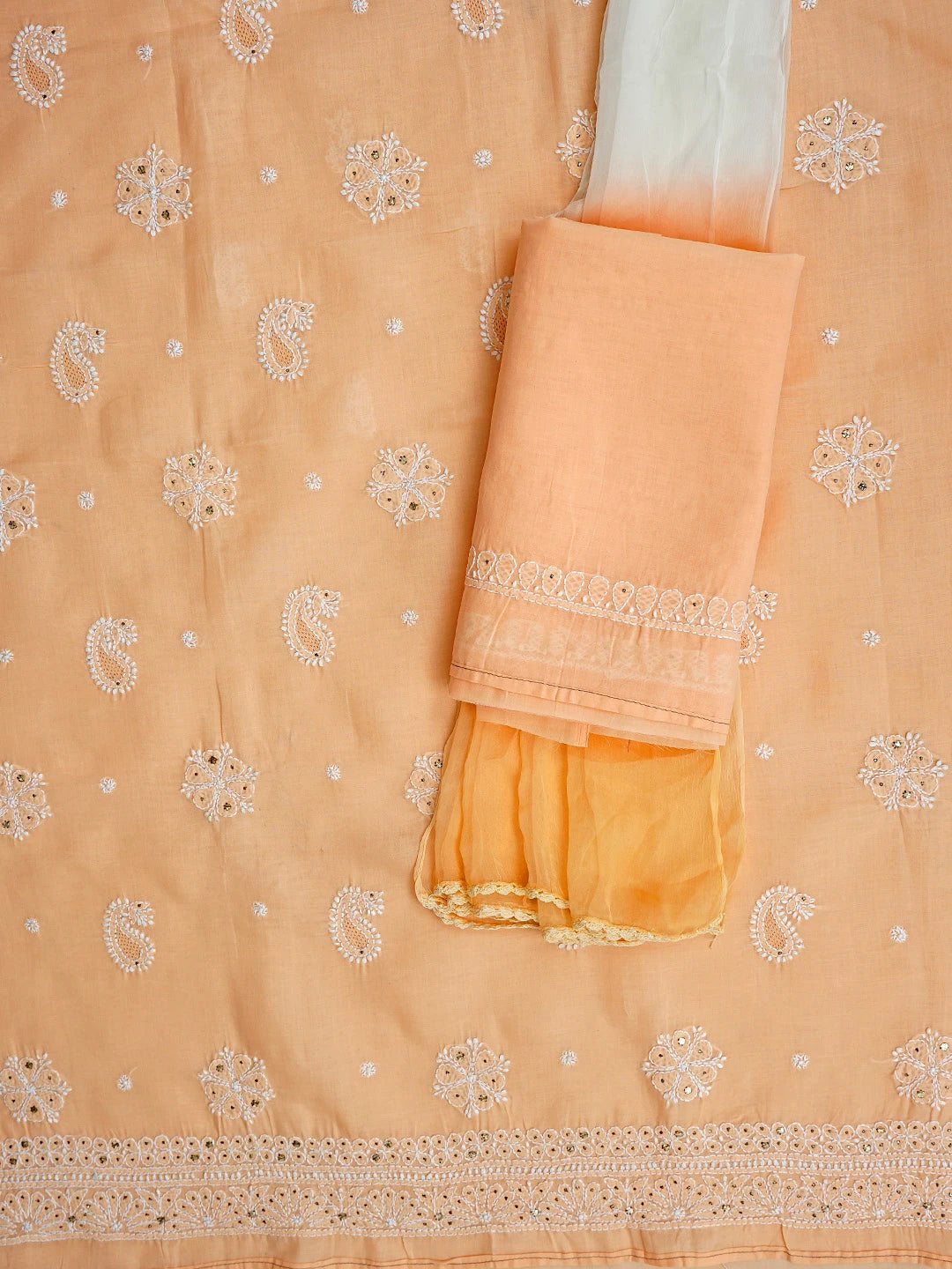 Ada Hand Embroidered Peach Cotton Lucknowi Chikankari Unstitched Suit Piece With Muqaish Work 01A350920