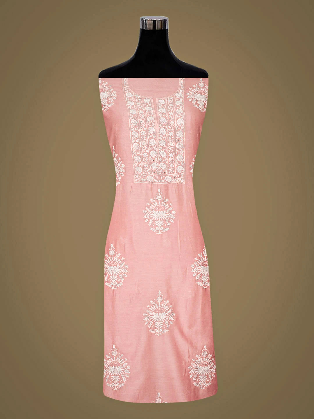 Ada Hand Embroidered Peach Pink Chanderi Lucknowi Chikankari Unstitched Kurta Dupatta Set With Cutdana Work 01A948882