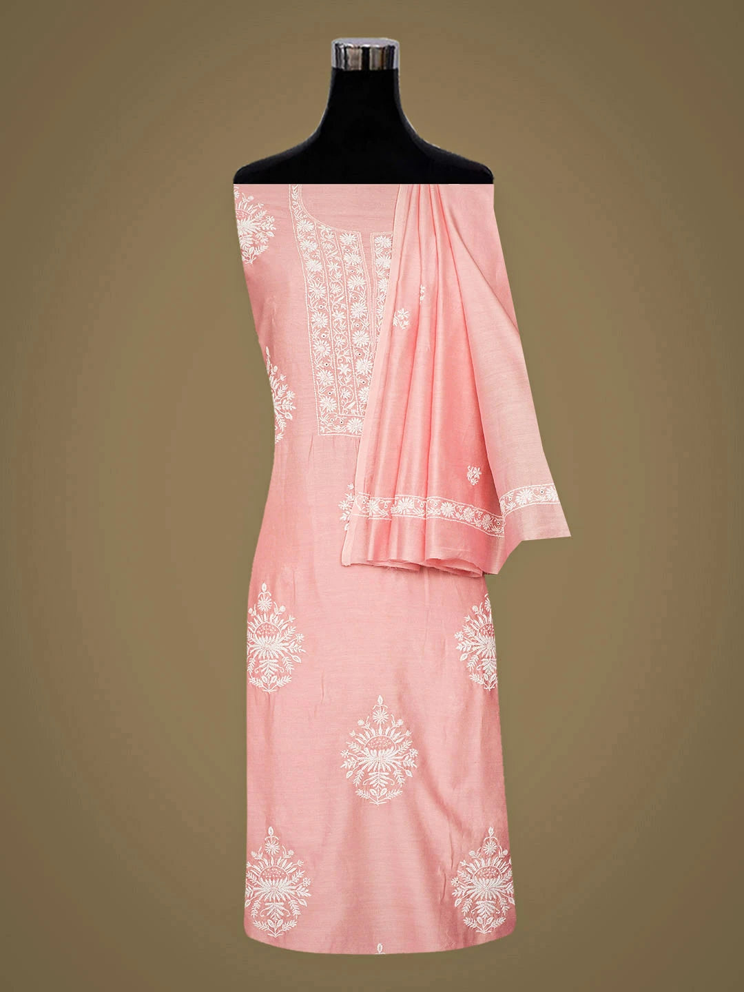 Ada Hand Embroidered Peach Pink Chanderi Lucknowi Chikankari Unstitched Kurta Dupatta Set With Cutdana Work 01A948882