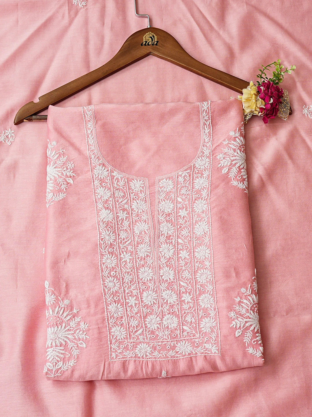 Ada Hand Embroidered Peach Pink Chanderi Lucknowi Chikankari Unstitched Kurta Dupatta Set With Cutdana Work 01A948882