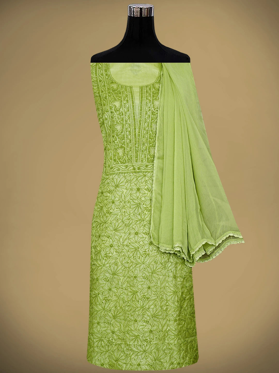 Ada Hand Embroidered Green Silk Lucknowi Chikankari Unstitched Suit Piece 01A965580