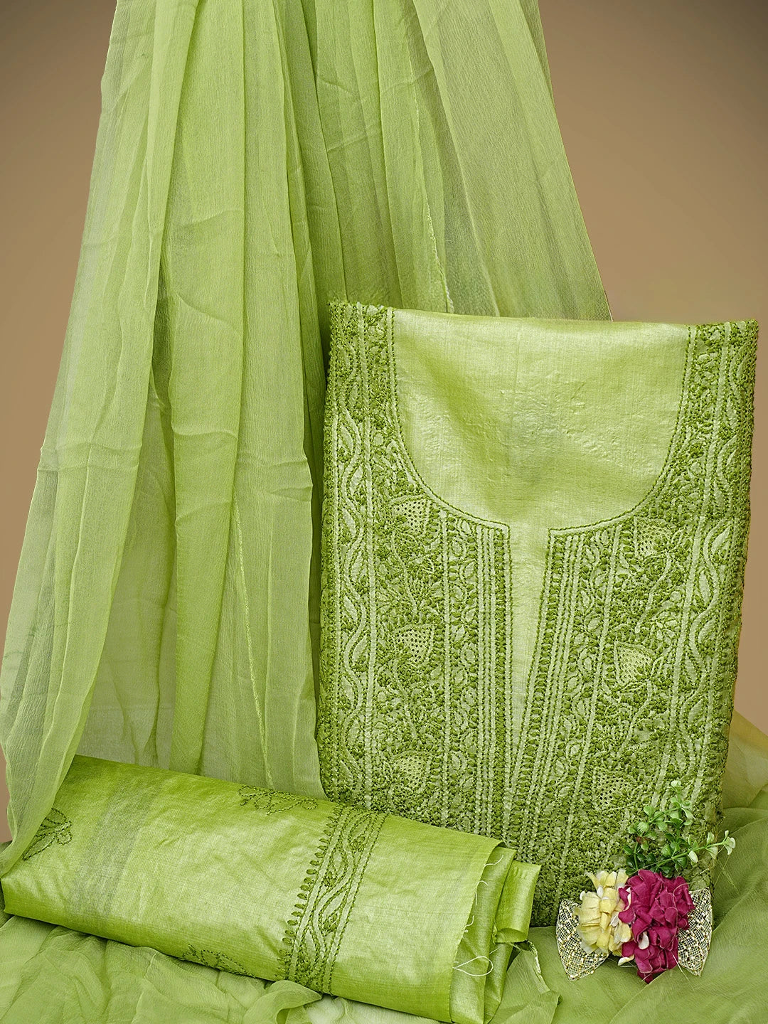 Ada Hand Embroidered Green Silk Lucknowi Chikankari Unstitched Suit Piece 01A965580