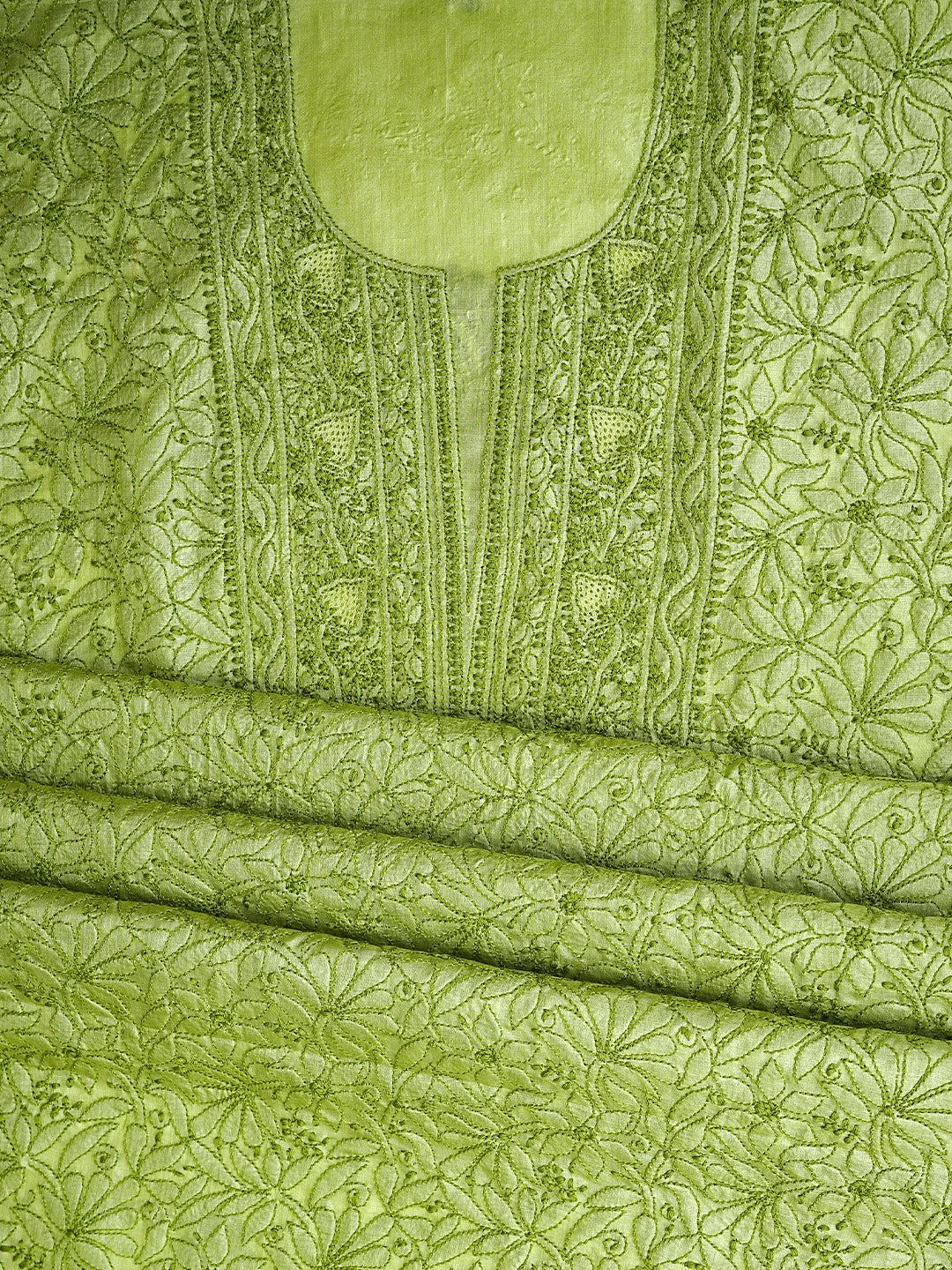 Ada Hand Embroidered Green Silk Lucknowi Chikankari Unstitched Suit Piece 01A965580