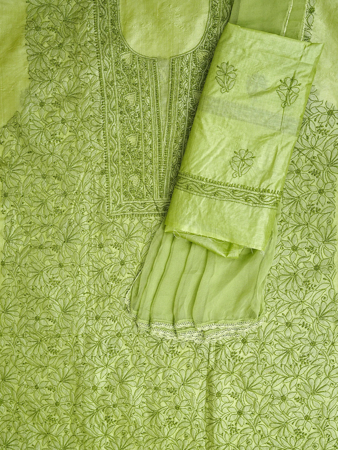 Ada Hand Embroidered Green Silk Lucknowi Chikankari Unstitched Suit Piece 01A965580