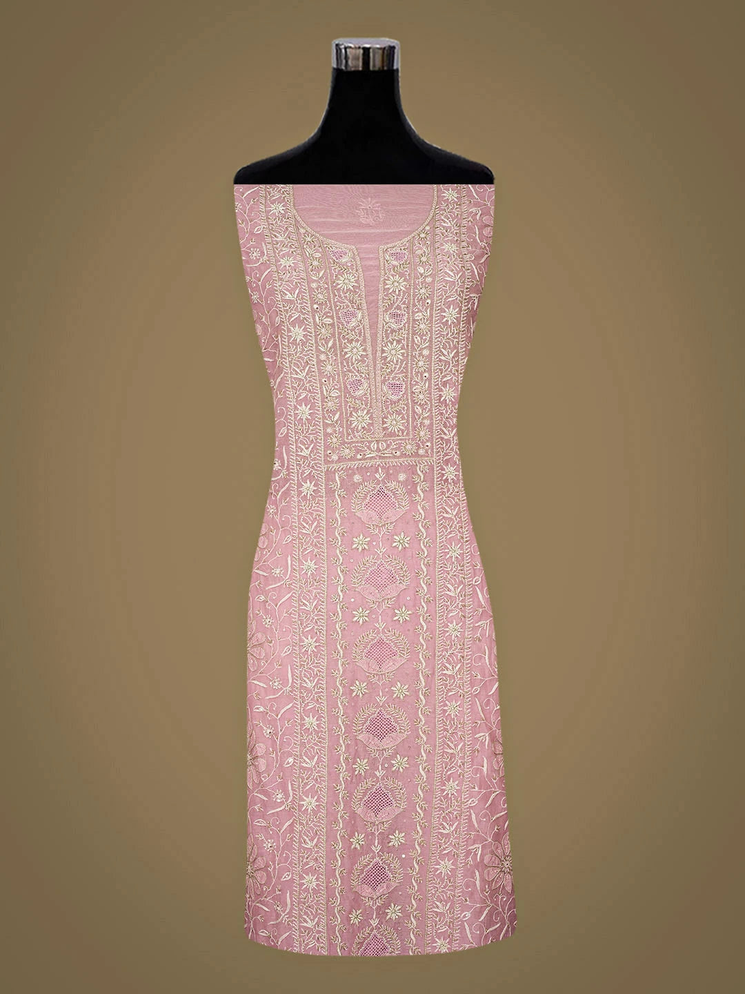 Ada Hand Embroidered Pink Chanderi Lucknowi Chikankari Unstitched Kurta Dupatta Set With Cutdana Work 01A936214