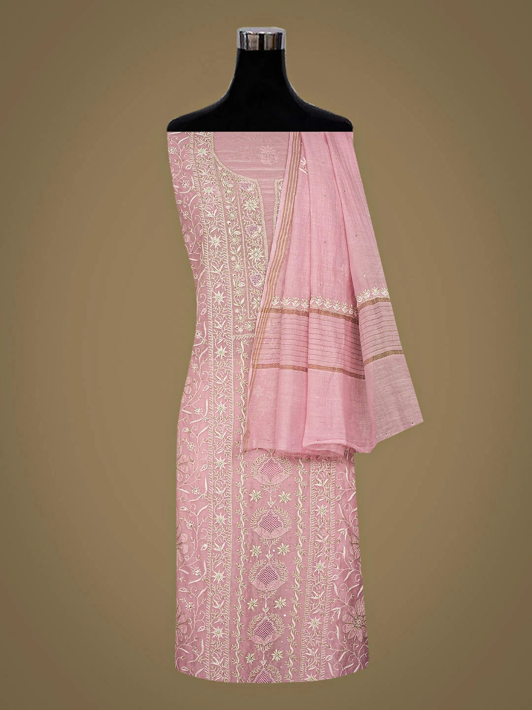 Ada Hand Embroidered Pink Chanderi Lucknowi Chikankari Unstitched Kurta Dupatta Set With Cutdana Work 01A936214
