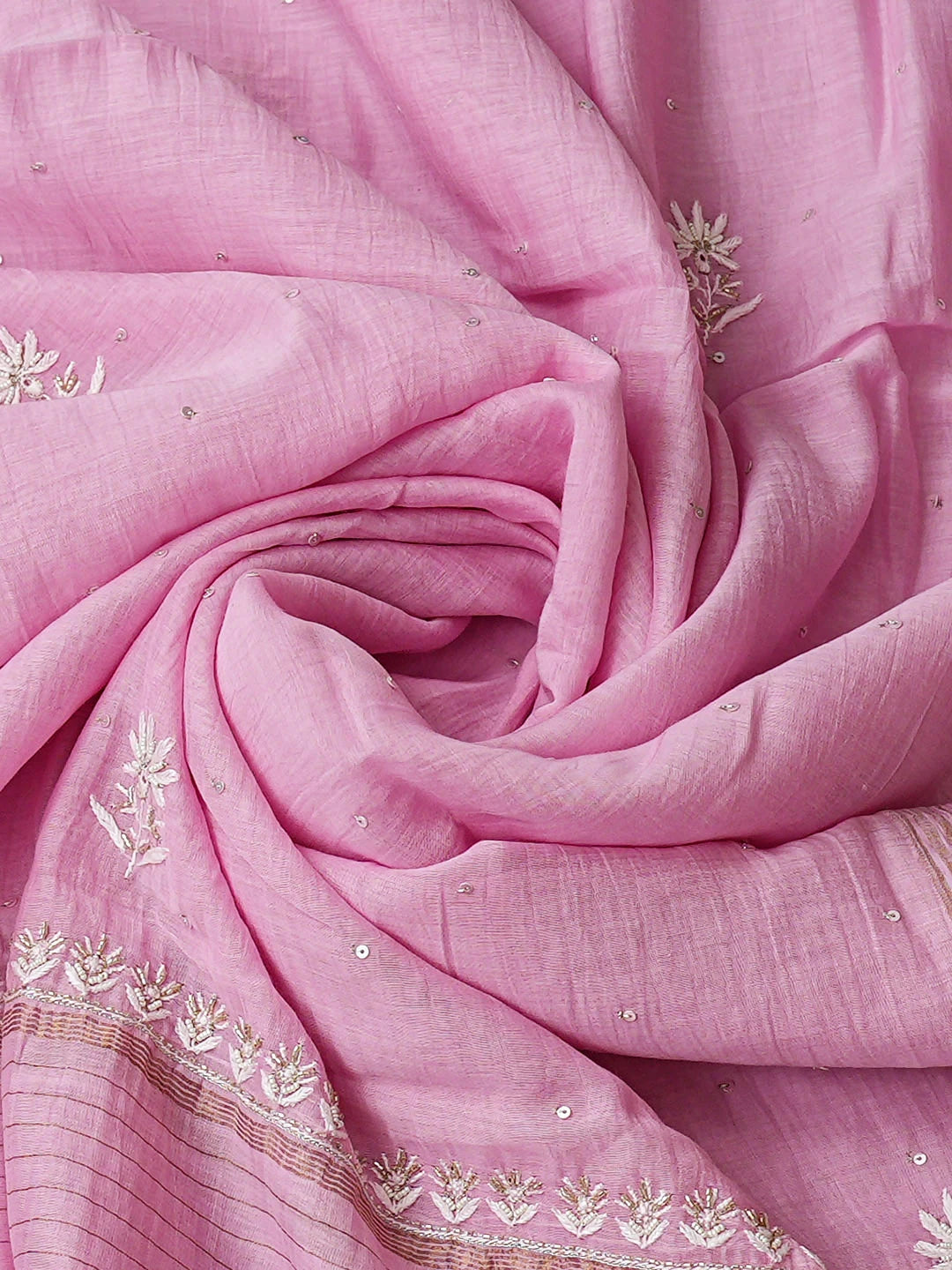 Ada Hand Embroidered Pink Chanderi Lucknowi Chikankari Unstitched Kurta Dupatta Set With Cutdana Work 01A936214