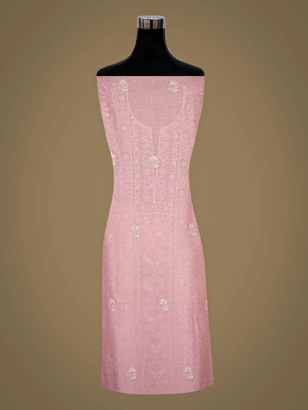 Ada Hand Embroidered Pink Chanderi Lucknowi Chikankari Unstitched Kurta Dupatta Set With Cutdana Work 01A936214
