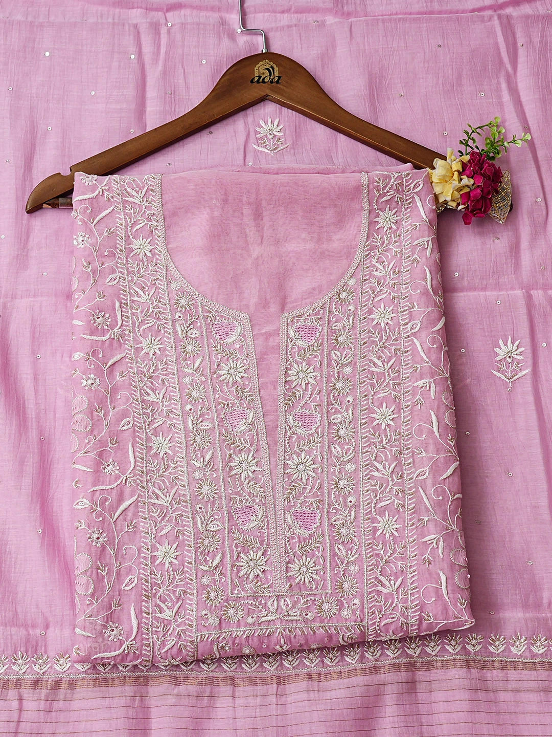 Ada Hand Embroidered Pink Chanderi Lucknowi Chikankari Unstitched Kurta Dupatta Set With Cutdana Work 01A936214