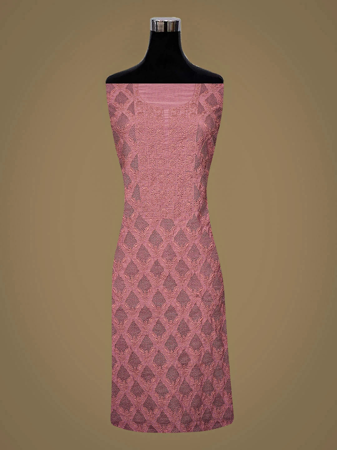 Ada Hand Embroidered Onion Pink Chanderi Lucknowi Chikankari Unstitched Kurta Dupatta Set 01A961940