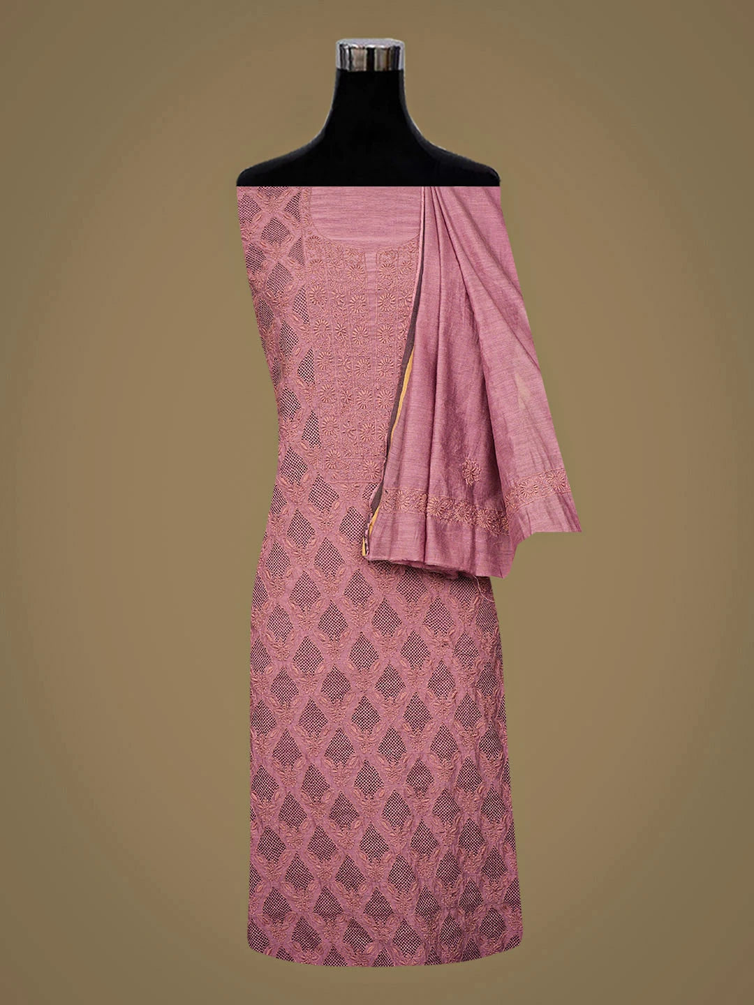 Ada Hand Embroidered Onion Pink Chanderi Lucknowi Chikankari Unstitched Kurta Dupatta Set 01A961940