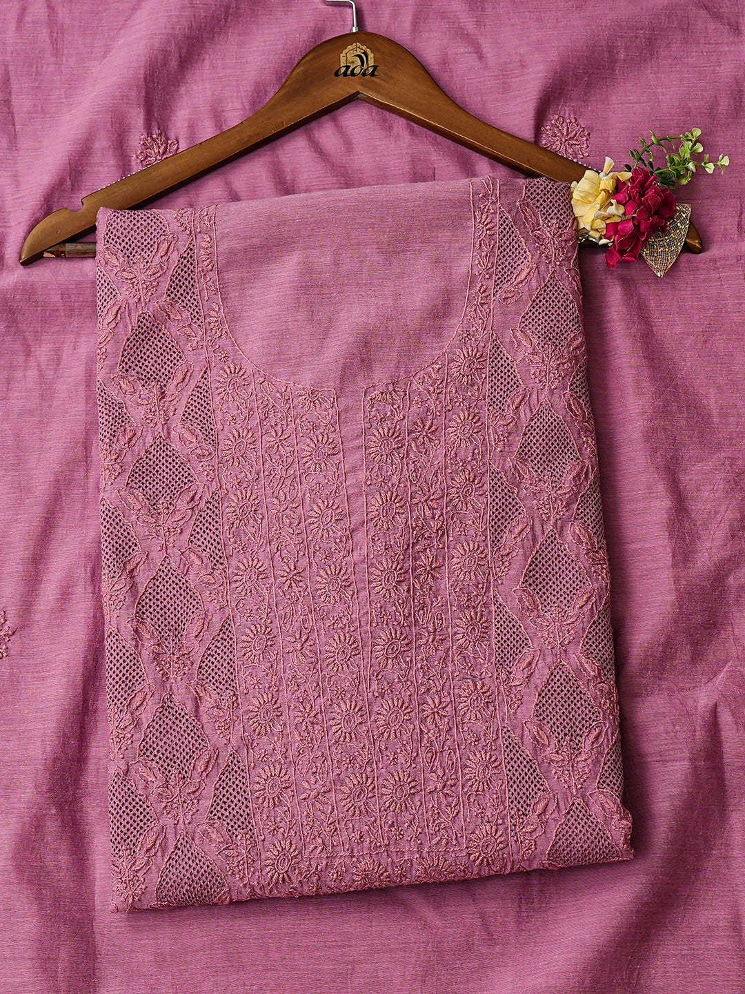 Ada Hand Embroidered Onion Pink Chanderi Lucknowi Chikankari Unstitched Kurta Dupatta Set 01A961940