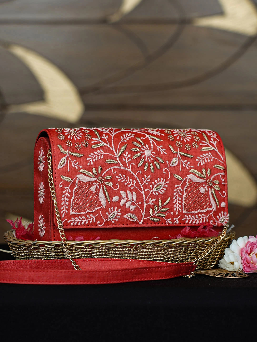 Ada Hand Embroidered Red Silk Lucknowi Chikankari Clutch With Zari Work 01A967659