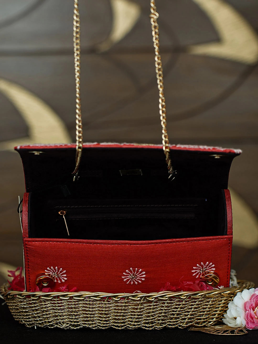 Ada Hand Embroidered Red Silk Lucknowi Chikankari Clutch With Zari Work 01A967659