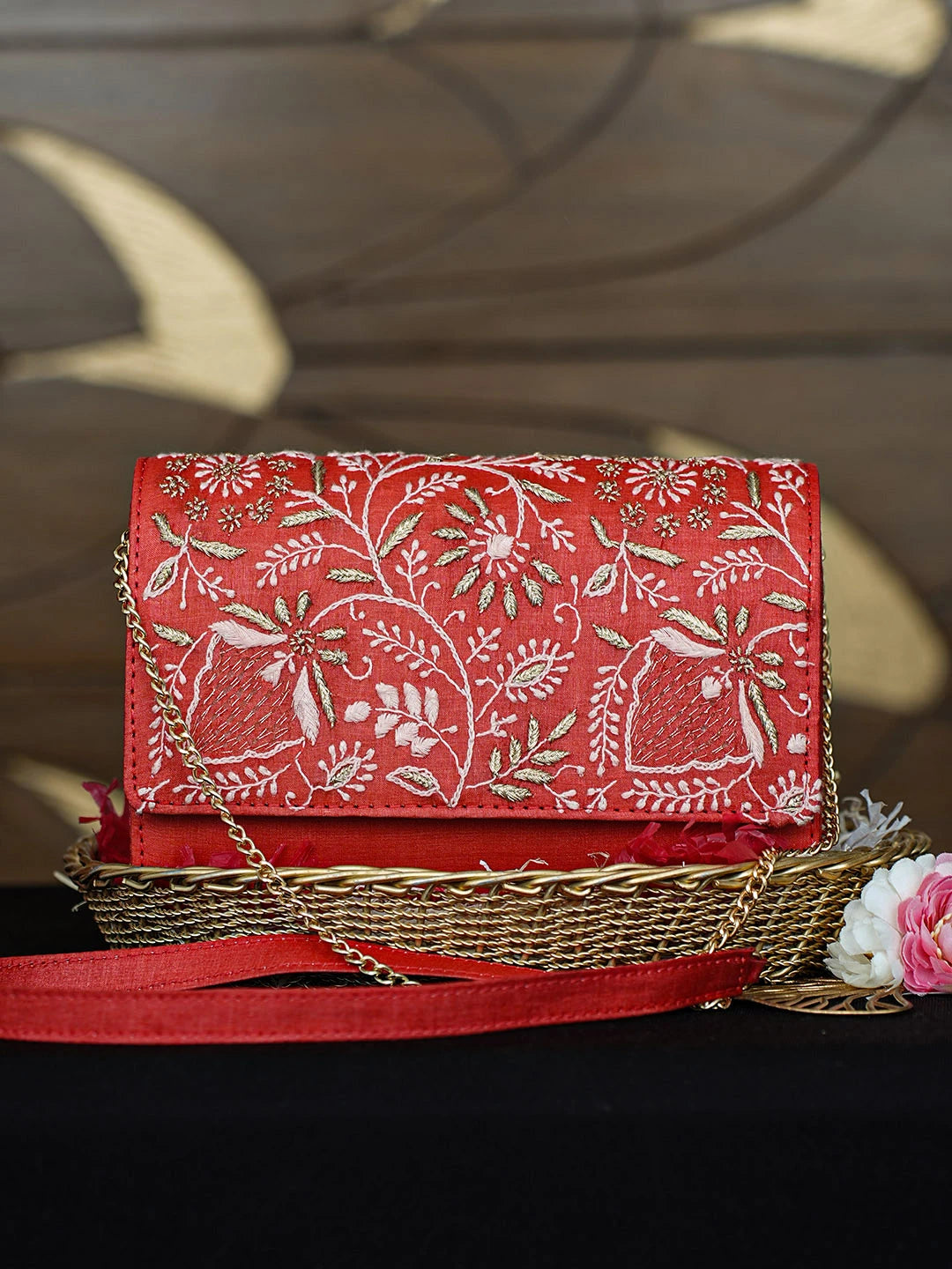 Ada Hand Embroidered Red Silk Lucknowi Chikankari Clutch With Zari Work 01A967659
