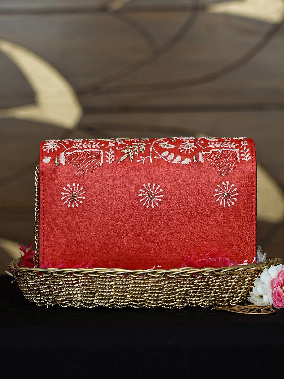 Ada Hand Embroidered Red Silk Lucknowi Chikankari Clutch With Zari Work 01A967659