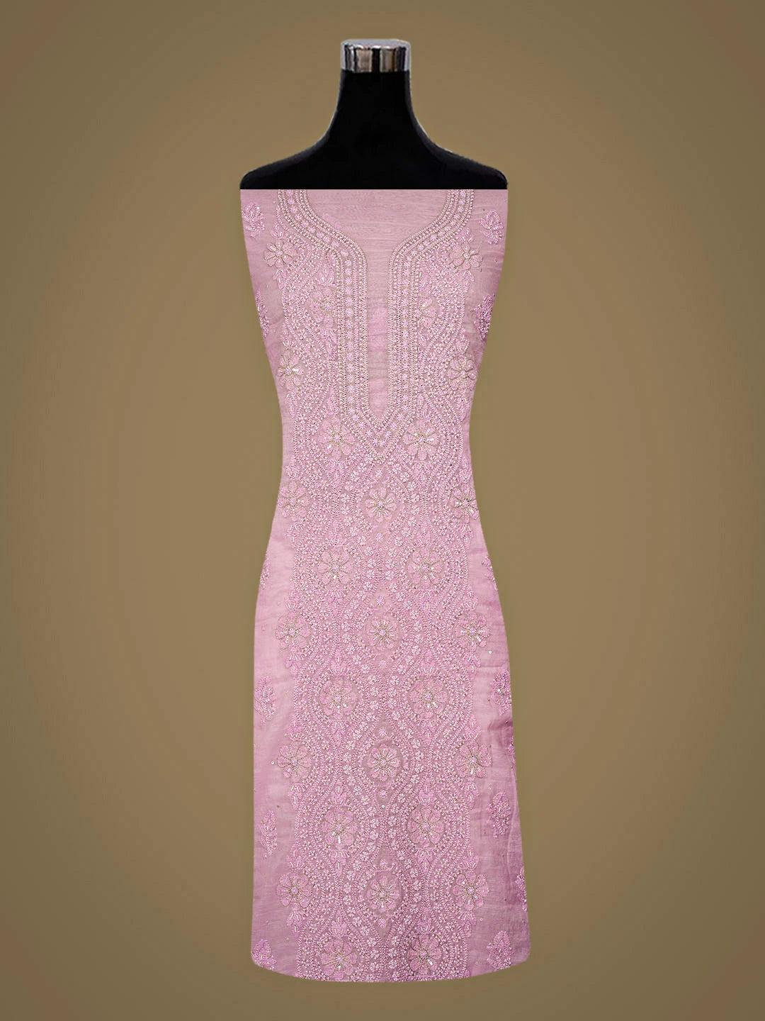 Ada Hand Embroidered Pink Chanderi Lucknowi Chikankari Unstitched Kurta Dupatta Set With Pearl Work 01A890073