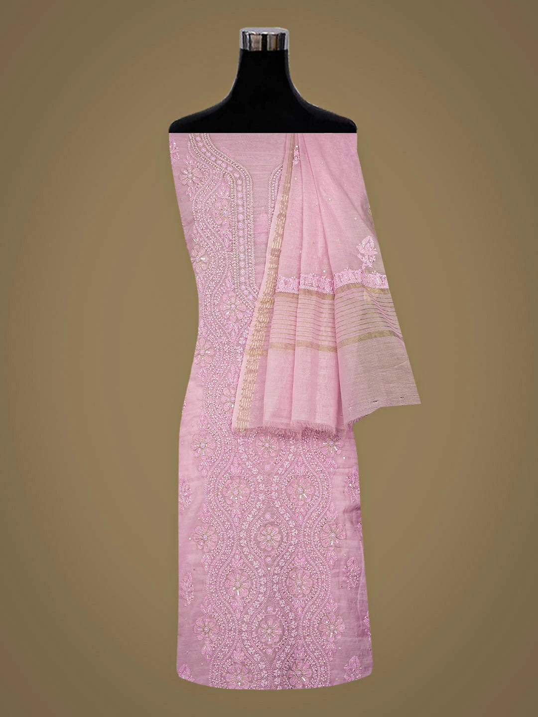 Ada Hand Embroidered Pink Chanderi Lucknowi Chikankari Unstitched Kurta Dupatta Set With Pearl Work 01A890073