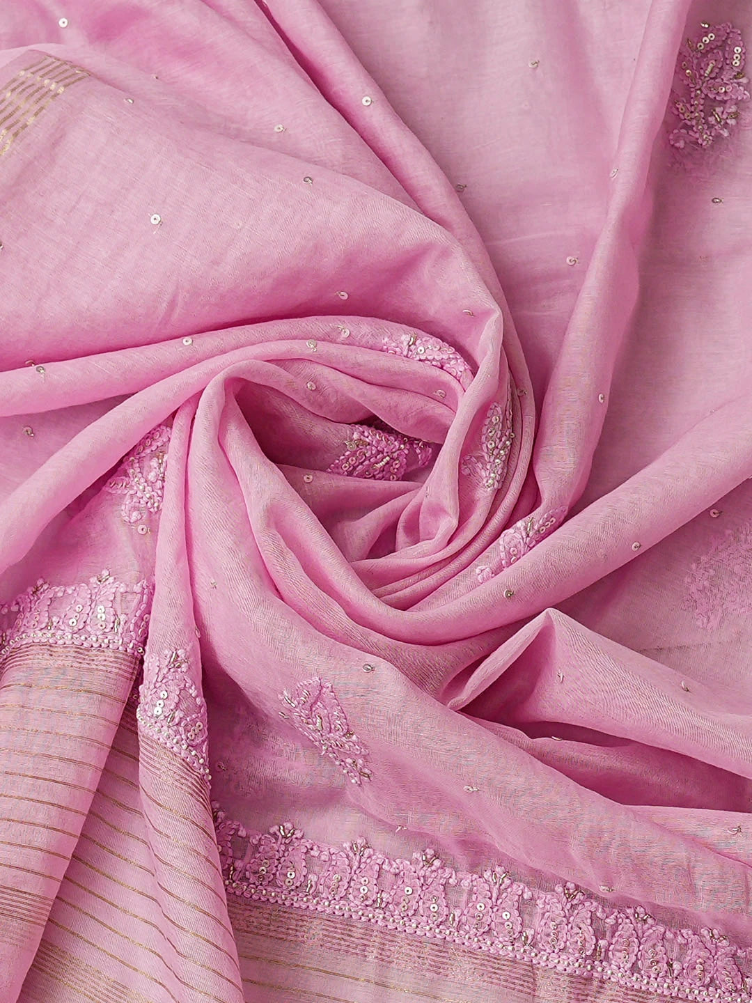 Ada Hand Embroidered Pink Chanderi Lucknowi Chikankari Unstitched Kurta Dupatta Set With Pearl Work 01A890073