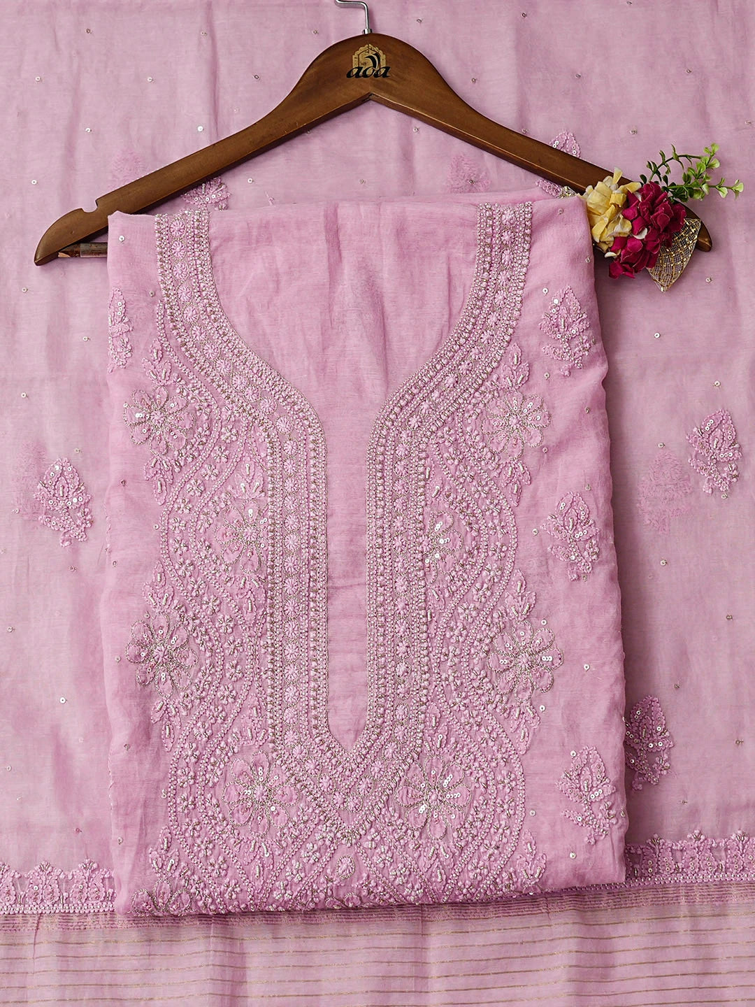Ada Hand Embroidered Pink Chanderi Lucknowi Chikankari Unstitched Kurta Dupatta Set With Pearl Work 01A890073