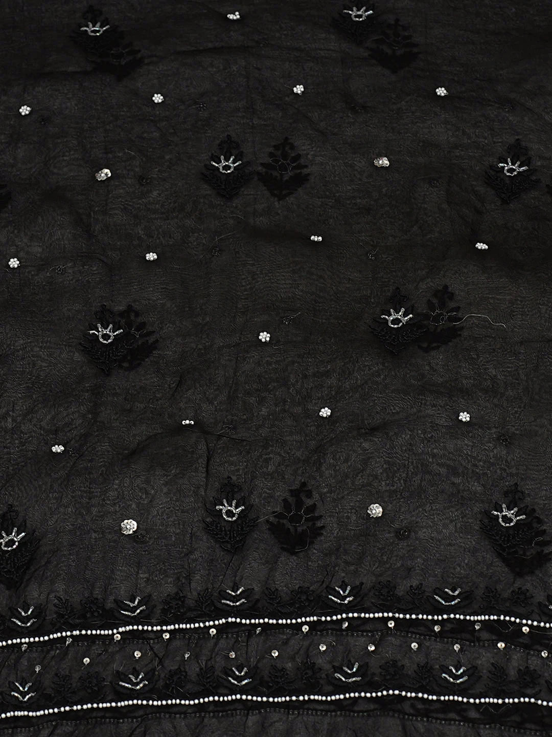 Ada Hand Embroidered Black Organza Lucknowi Chikankari Unstitched Kurta Dupatta Set With Pearl Work 01A963483