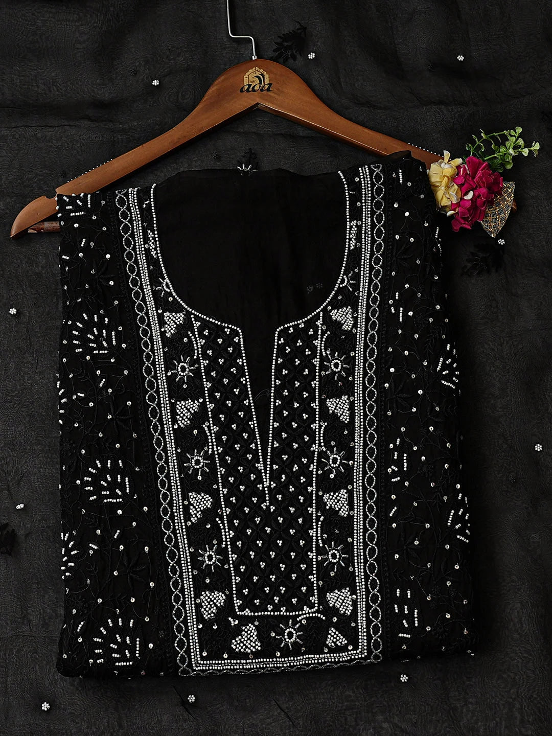 Ada Hand Embroidered Black Organza Lucknowi Chikankari Unstitched Kurta Dupatta Set With Pearl Work 01A963483