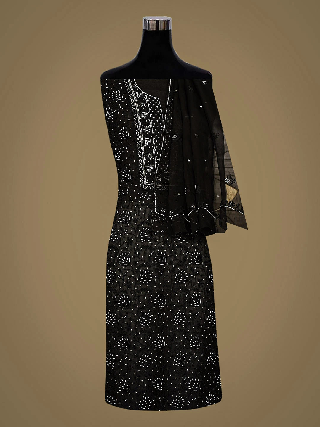 Ada Hand Embroidered Black Organza Lucknowi Chikankari Unstitched Kurta Dupatta Set With Pearl Work 01A963483