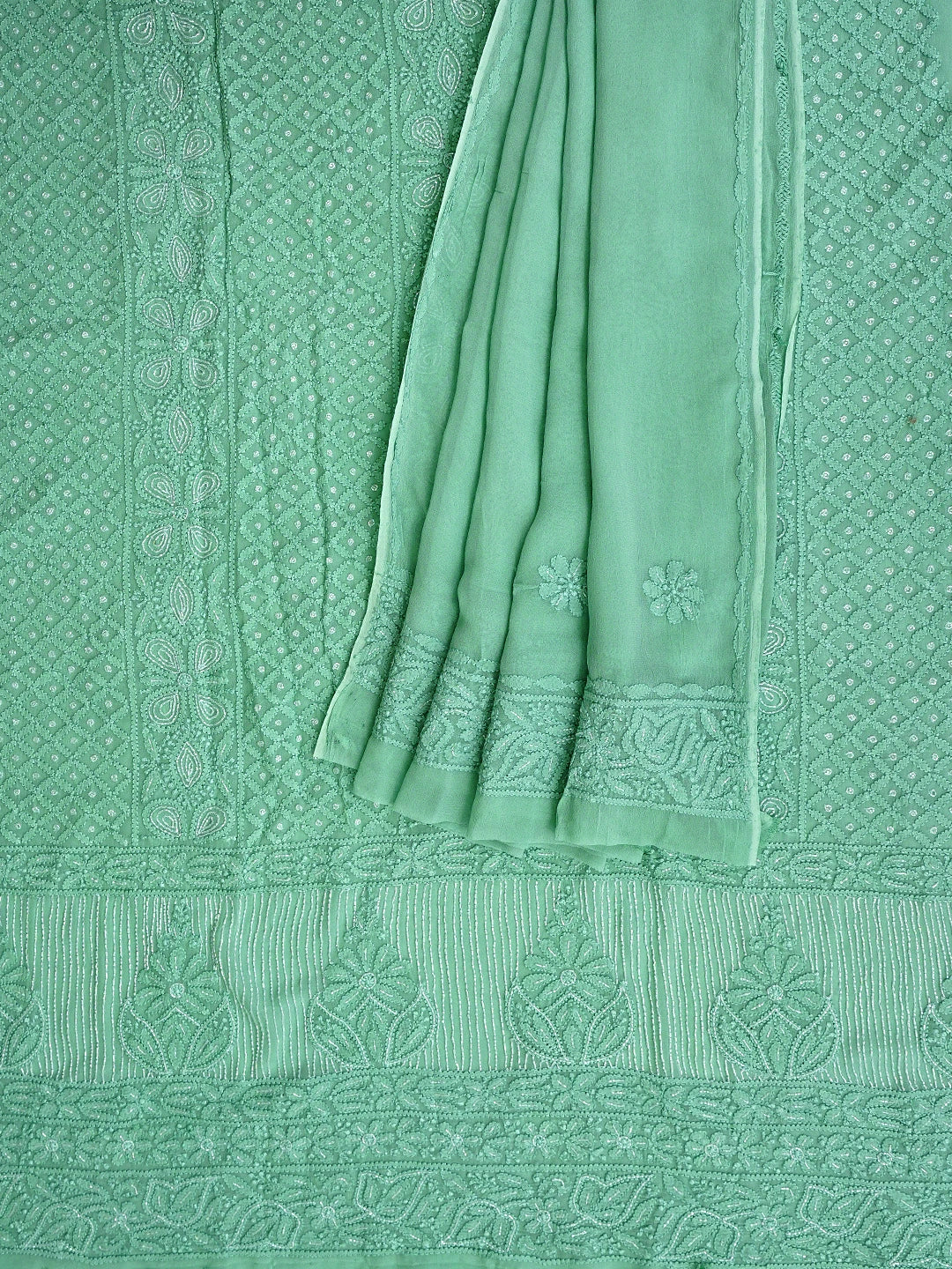 Ada Hand Embroidered Sea Green Viscose Georgette Lucknowi Chikankari Unstitched Kurta Dupatta Set With Cutdana Work 01A957842