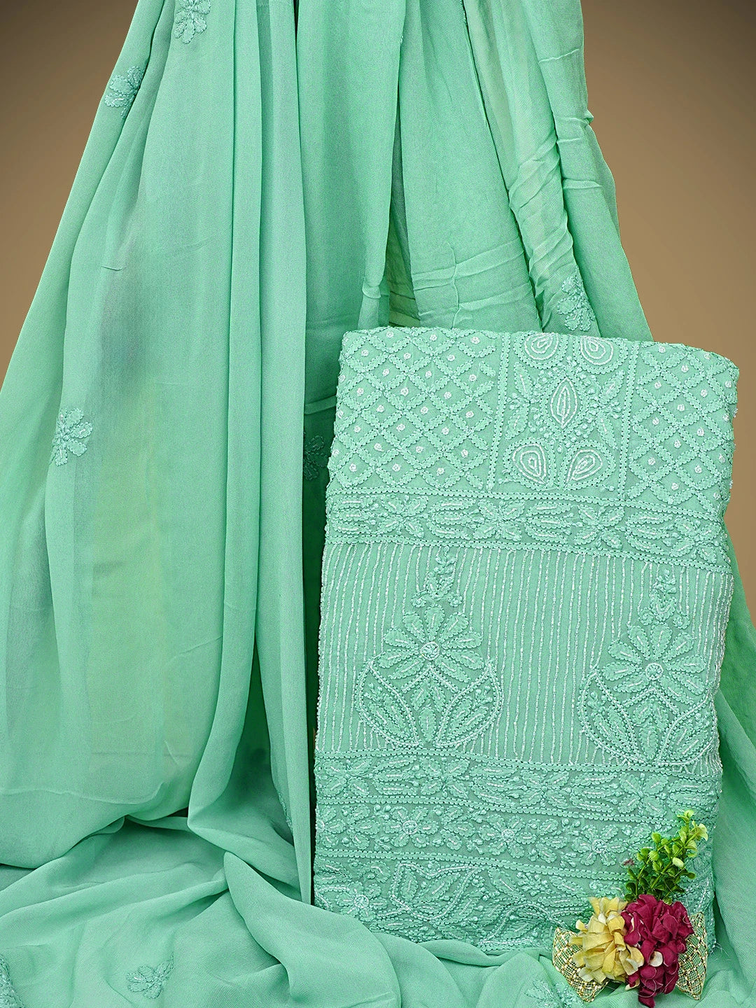 Ada Hand Embroidered Sea Green Viscose Georgette Lucknowi Chikankari Unstitched Kurta Dupatta Set With Cutdana Work 01A957842