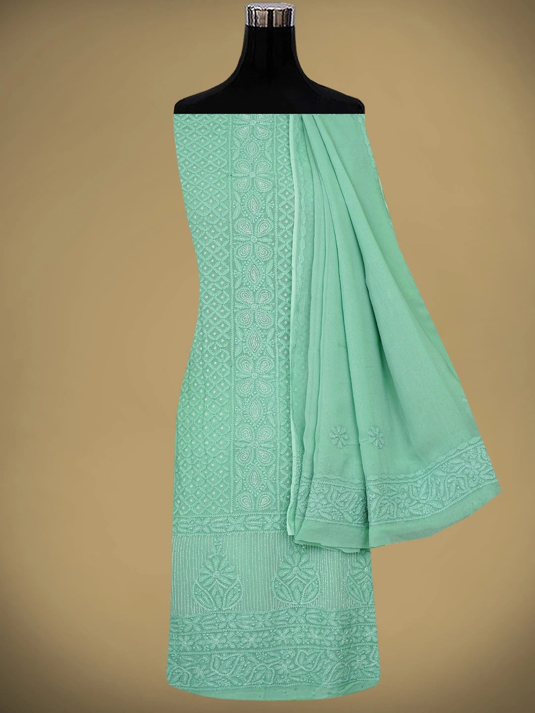 Ada Hand Embroidered Sea Green Viscose Georgette Lucknowi Chikankari Unstitched Kurta Dupatta Set With Cutdana Work 01A957842
