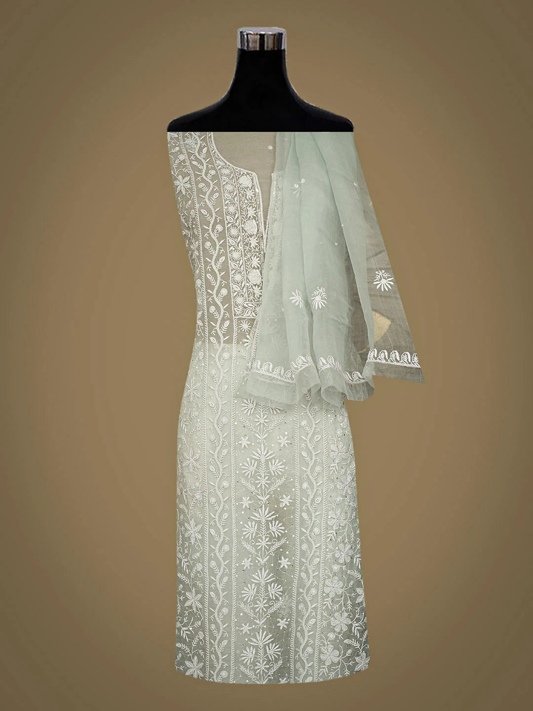 Ada Hand Embroidered Grey Organza Lucknowi Chikankari Unstitched Kurta Dupatta Set With Pearl Work 01A887938