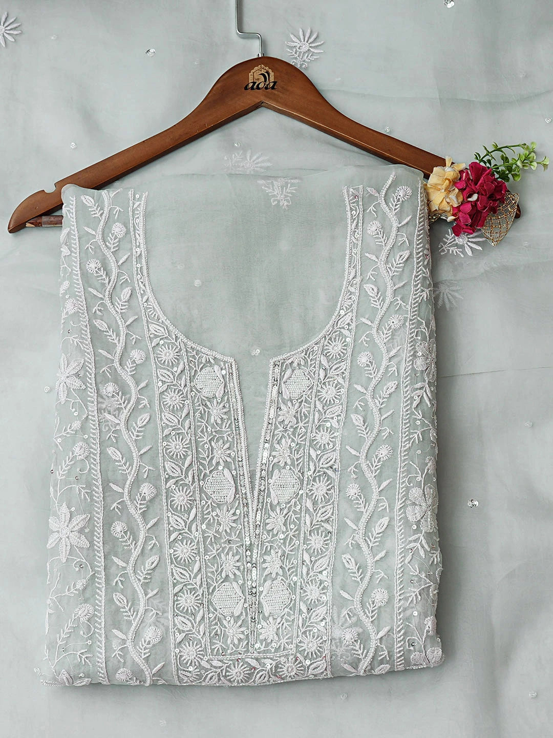Ada Hand Embroidered Grey Organza Lucknowi Chikankari Unstitched Kurta Dupatta Set With Pearl Work 01A887938