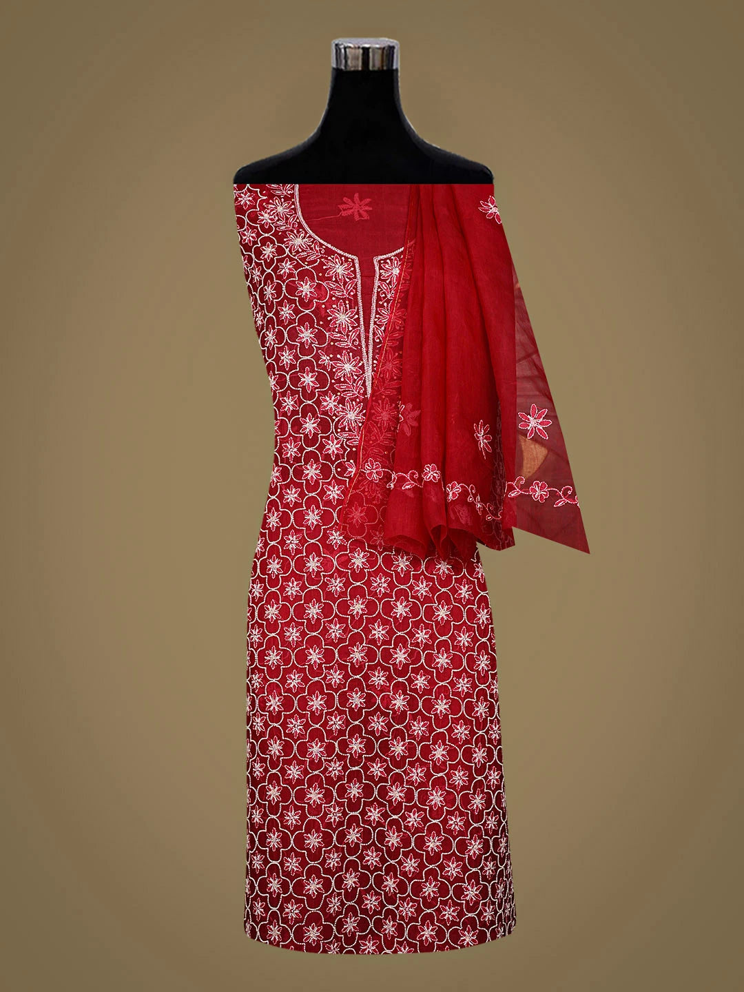 Ada Hand Embroidered Red Organza Lucknowi Chikankari Unstitched Kurta Dupatta Set With Pearl Work 01A669628