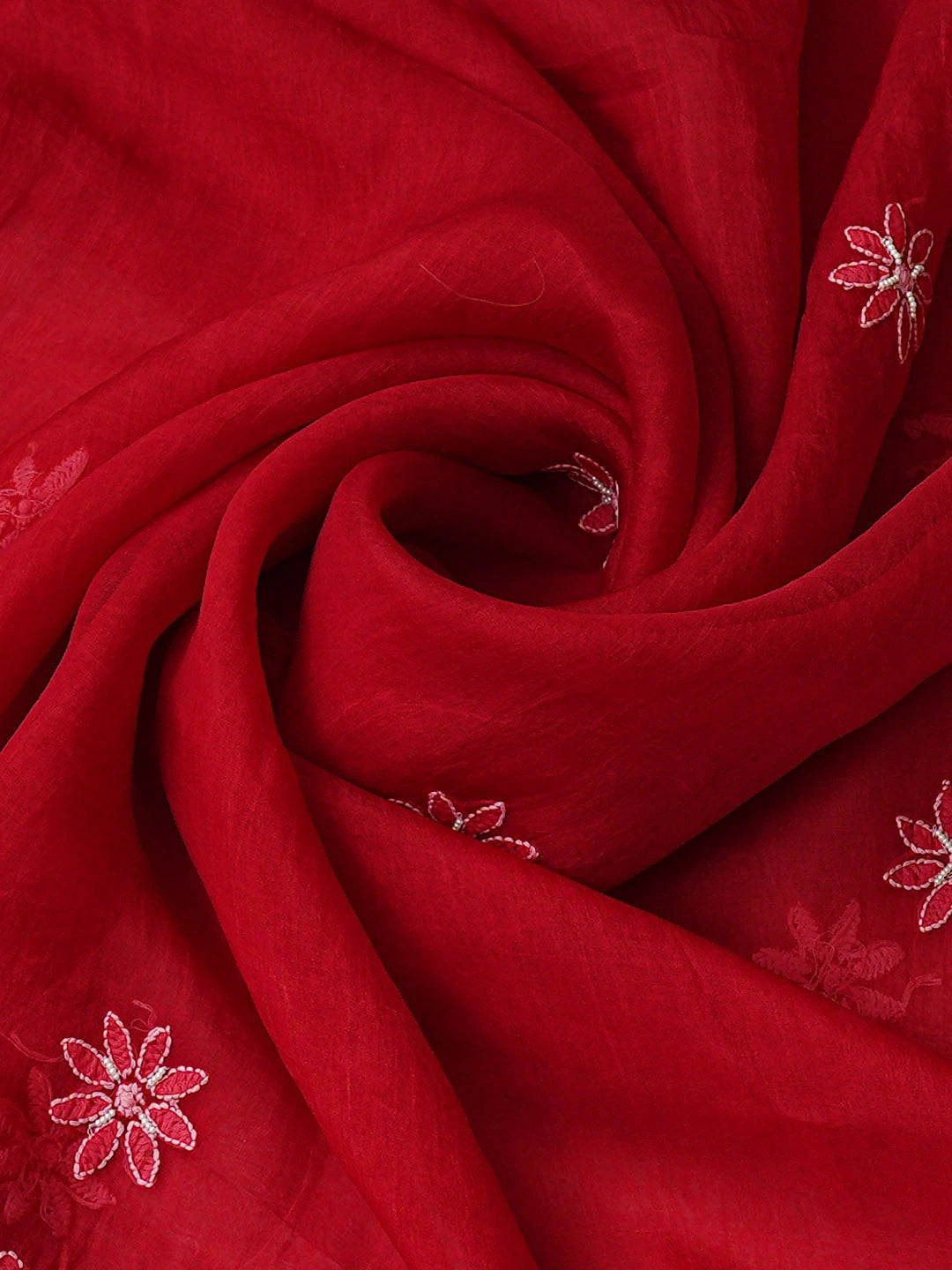 Ada Hand Embroidered Red Organza Lucknowi Chikankari Unstitched Kurta Dupatta Set With Pearl Work 01A669628