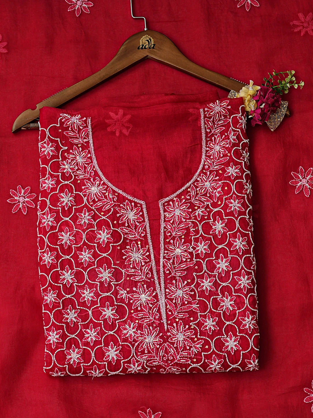 Ada Hand Embroidered Red Organza Lucknowi Chikankari Unstitched Kurta Dupatta Set With Pearl Work 01A669628