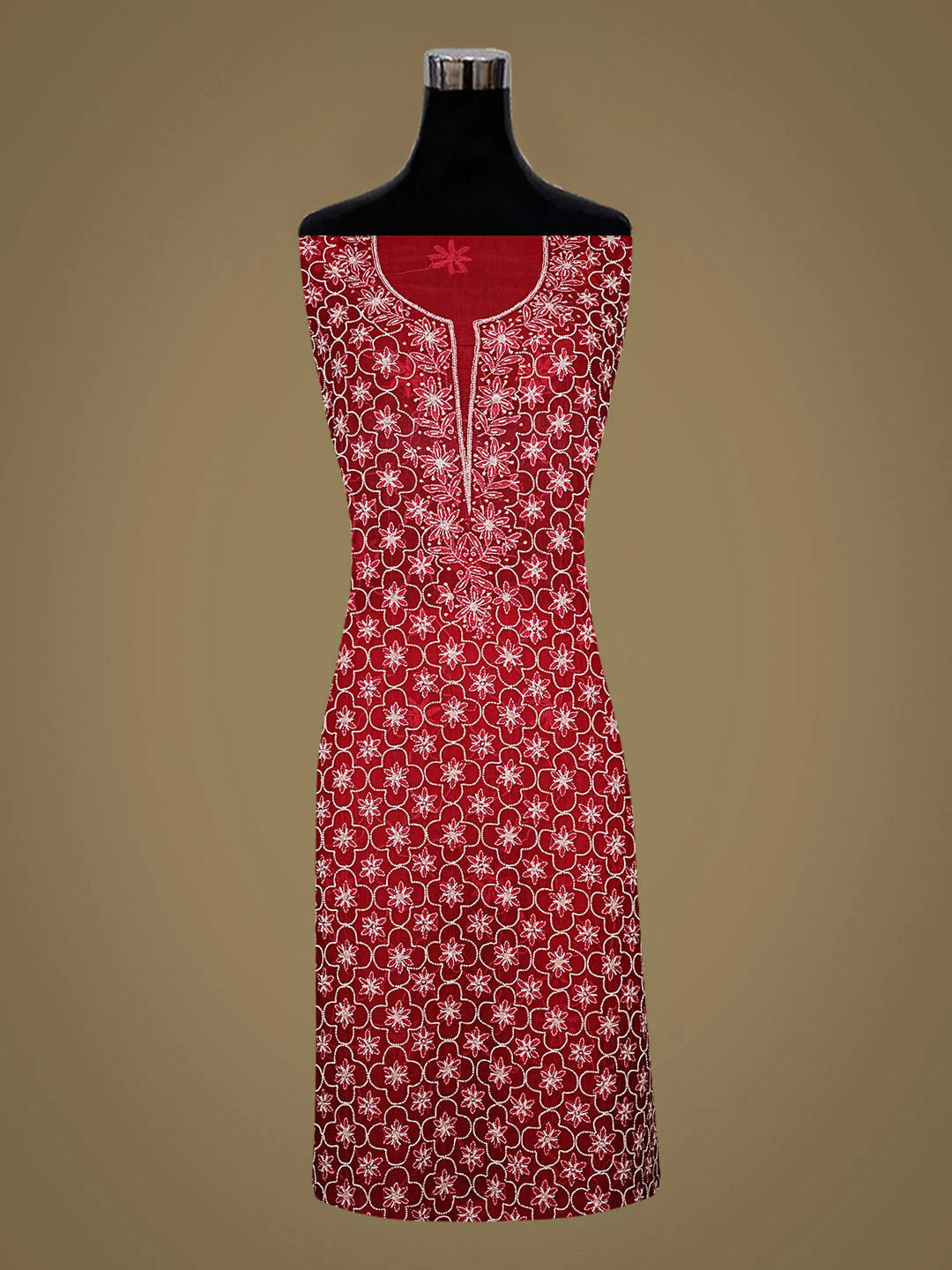 Ada Hand Embroidered Red Organza Lucknowi Chikankari Unstitched Kurta Dupatta Set With Pearl Work 01A669628