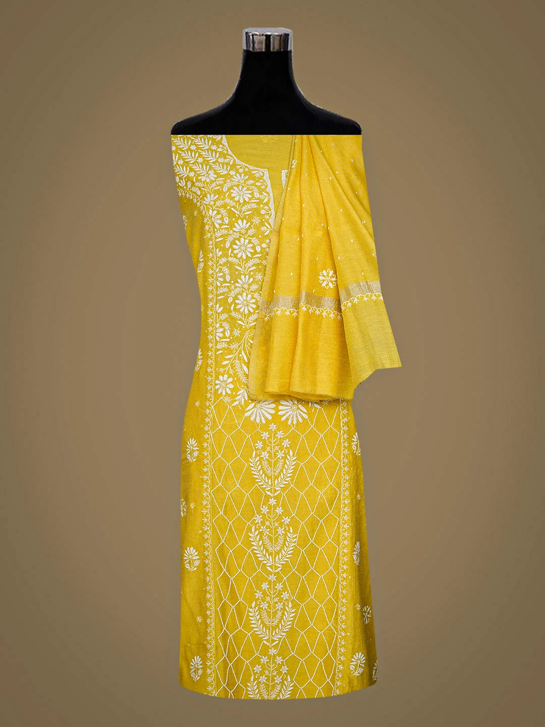 Ada Hand Embroidered Yellow Tissue Lucknowi Chikankari Semi-stitched Kurta Dupatta Set With cutdana Work 01A345128