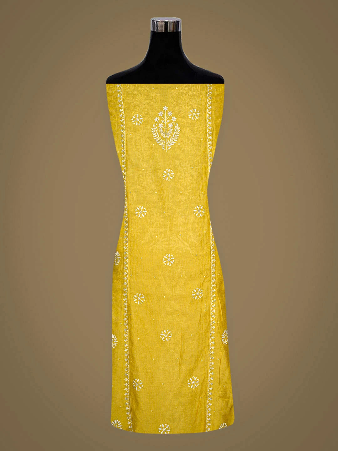 Ada Hand Embroidered Yellow Tissue Lucknowi Chikankari Semi-stitched Kurta Dupatta Set With cutdana Work 01A345128