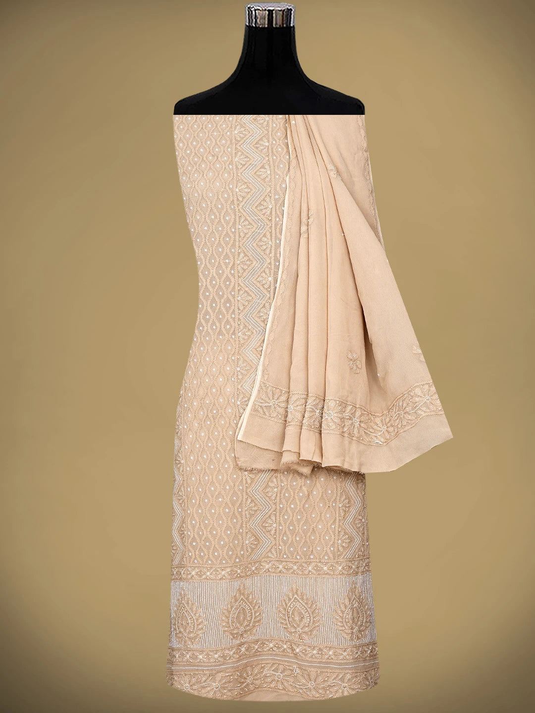 Ada Hand Embroidered Desert Sand Brown Viscose Georgette Lucknowi Chikankari Unstitched Kurta Dupatta Set With Cutdana Work 01A957828