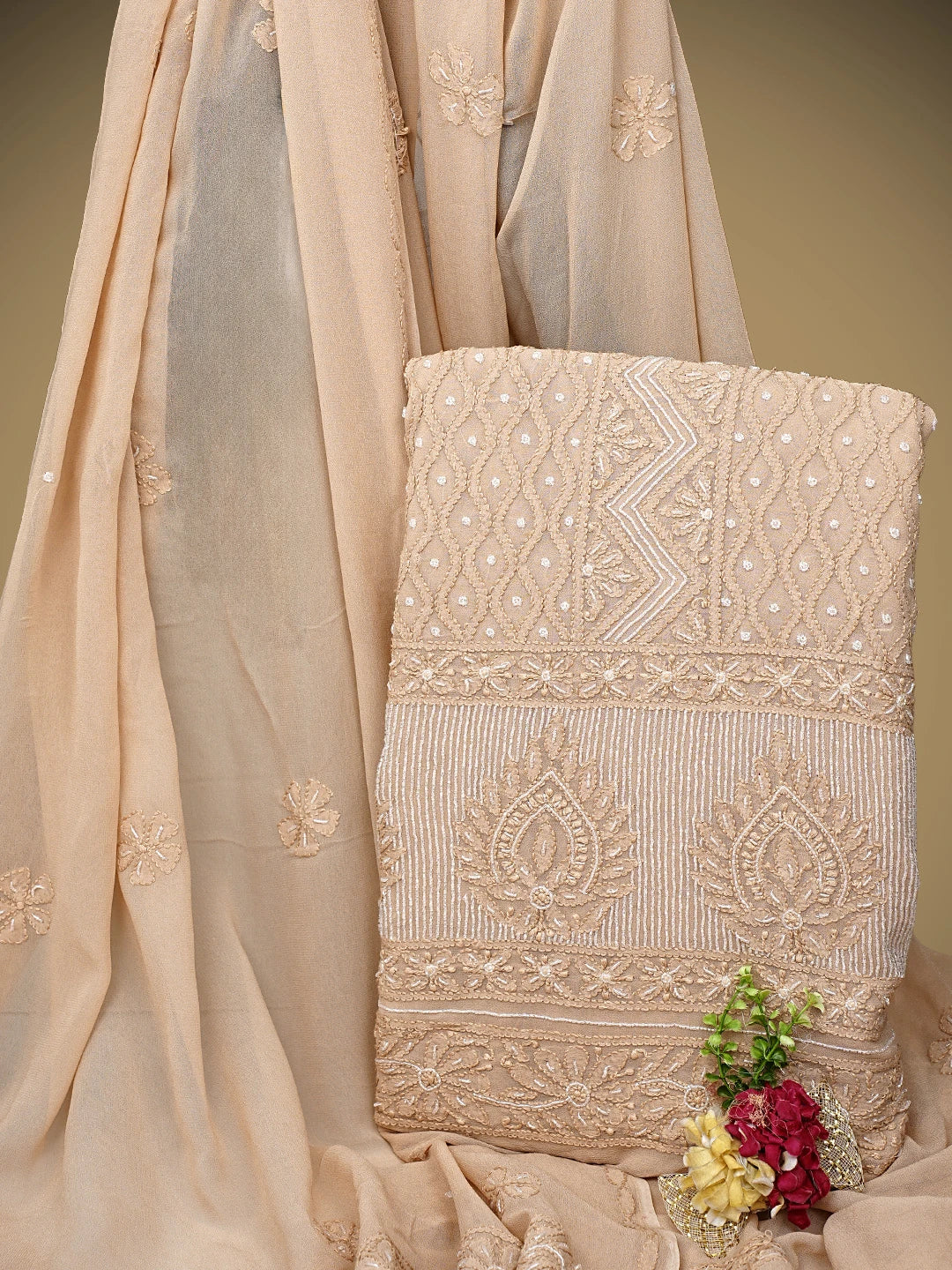 Ada Hand Embroidered Desert Sand Brown Viscose Georgette Lucknowi Chikankari Unstitched Kurta Dupatta Set With Cutdana Work 01A957828