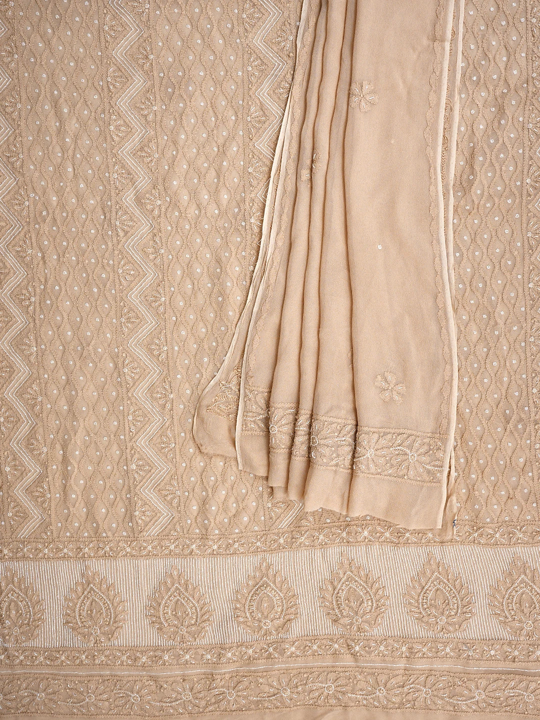 Ada Hand Embroidered Desert Sand Brown Viscose Georgette Lucknowi Chikankari Unstitched Kurta Dupatta Set With Cutdana Work 01A957828