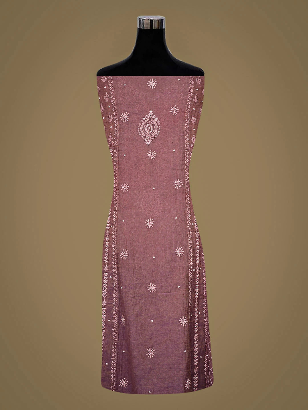 Ada Hand Embroidered Onion Pink Tissue Lucknowi Chikankari Semi-stitched Anarkali Kurta Dupatta Set With Pearl Work 01A949011