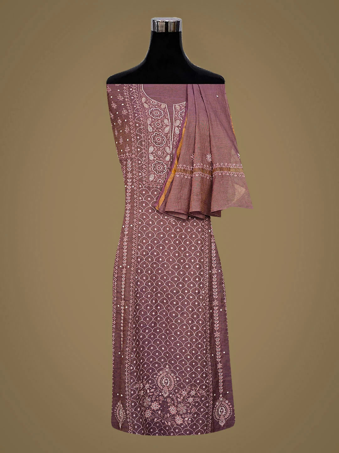Ada Hand Embroidered Onion Pink Tissue Lucknowi Chikankari Semi-stitched Anarkali Kurta Dupatta Set With Pearl Work 01A949011